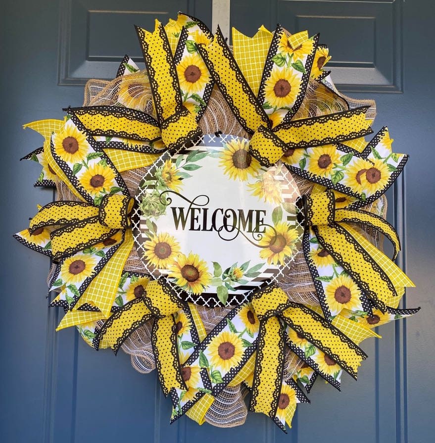 Slim Sunflower Wreath for your Front Door, Yellow and Black Sunflower Welcome Wreath