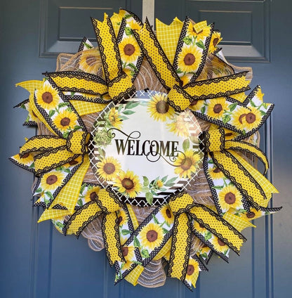 Slim Sunflower Wreath for your Front Door, Yellow and Black Sunflower Welcome Wreath