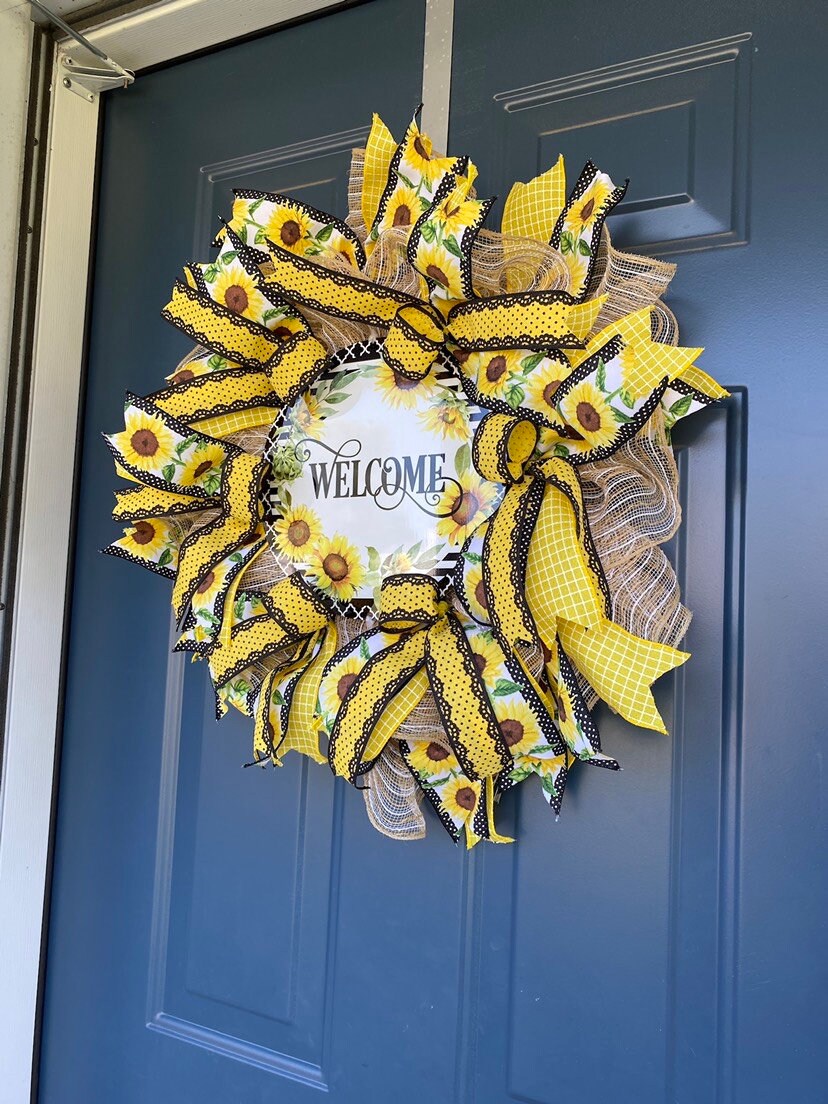 Slim Sunflower Wreath for your Front Door, Yellow and Black Sunflower Welcome Wreath