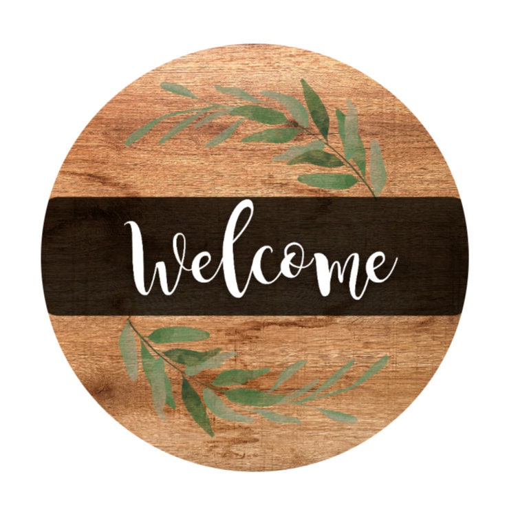 Welcome wreath sign with eucalyptus, Everyday floral metal wreath attachment, Wood look Welcome sign, signs for wreaths