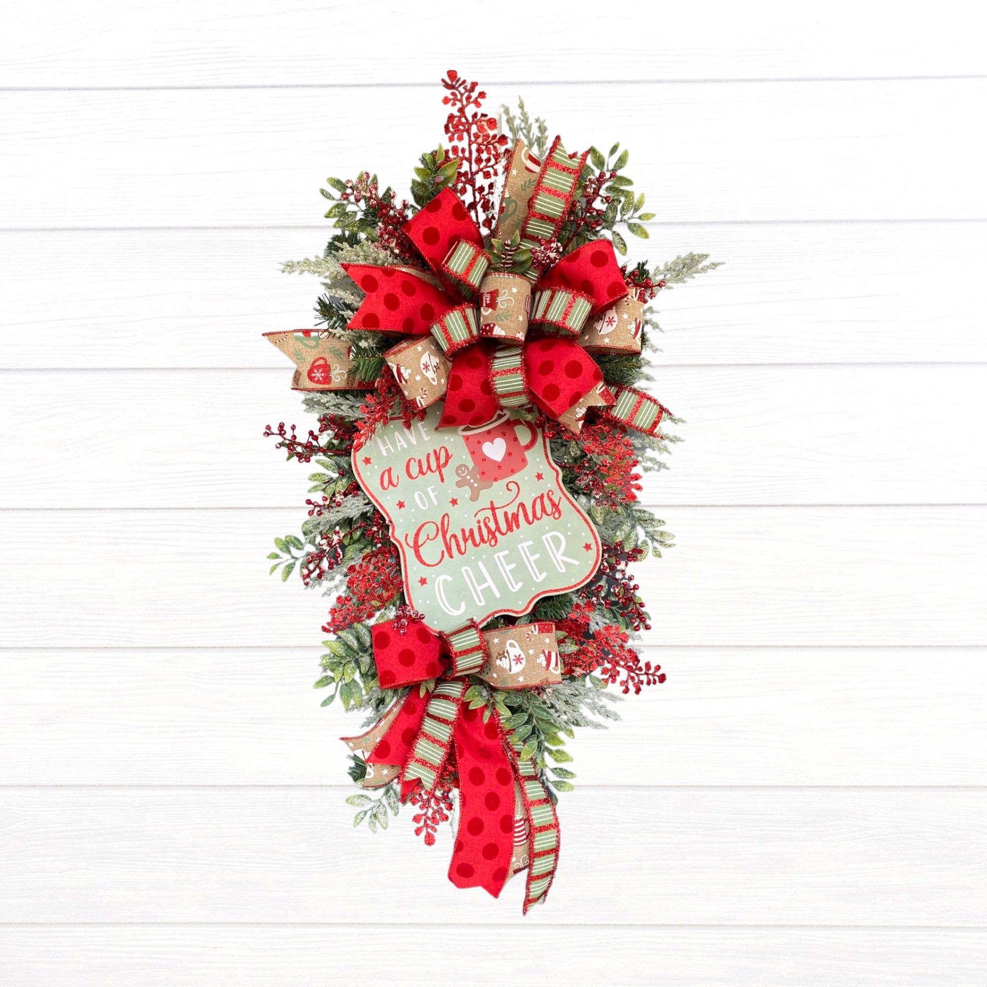 Hot Cocoa Cup Christmas Teardrop Swag Wreath for Front Door