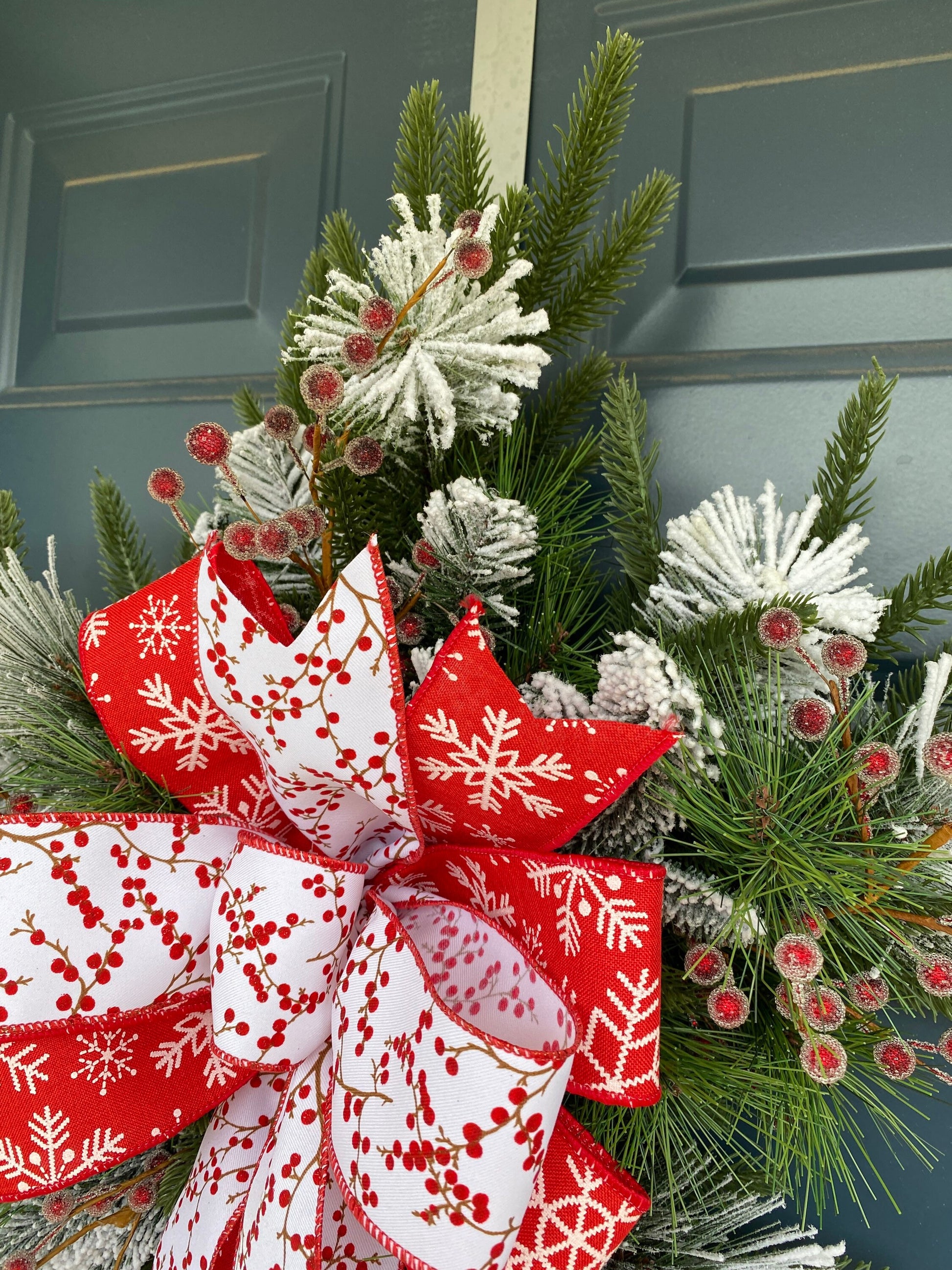 Winter Snowflake Wreath with Red Berries, Artificial Pine Snowflake Shape, Unique Christmas Wall Hanging