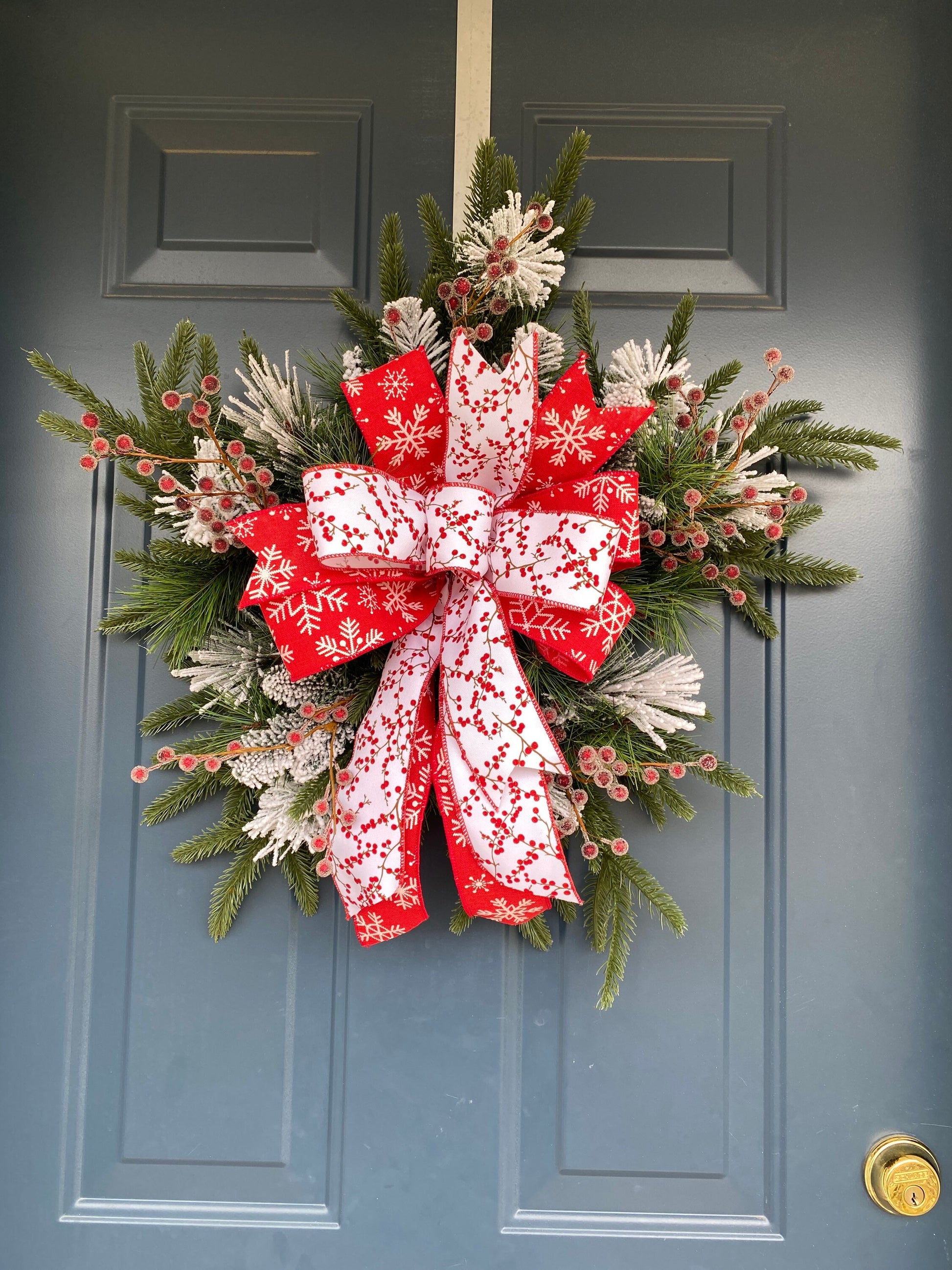 Winter Snowflake Wreath with Red Berries, Artificial Pine Snowflake Shape, Unique Christmas Wall Hanging