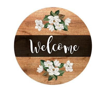 Welcome wreath sign with magnolias, Everyday floral metal wreath attachment, Wood look Welcome sign, signs for wreaths