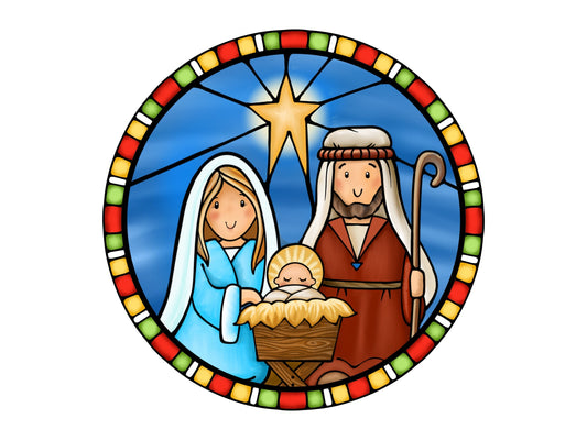 Mary Joseph Baby Jesus Christmas Nativity Wreath Sign, Stained Glass Look Holiday Manger Scene Wreath Attachment, Religious Christmas sign