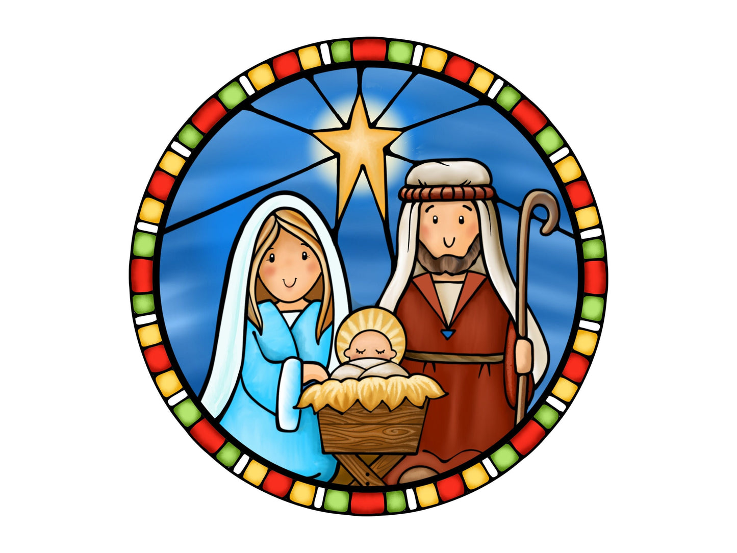 Mary Joseph Baby Jesus Christmas Nativity Wreath Sign, Stained Glass Look Holiday Manger Scene Wreath Attachment, Religious Christmas sign