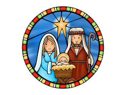 Mary Joseph Baby Jesus Christmas Nativity Wreath Sign, Stained Glass Look Holiday Manger Scene Wreath Attachment, Religious Christmas sign
