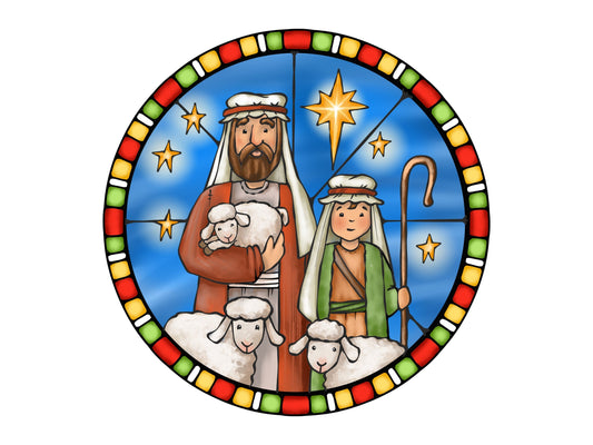 Shepards with Sheep Christmas Nativity Scene Wreath Sign, Stained Glass Look Holiday Wreath Attachment, Religious Christmas decoration,