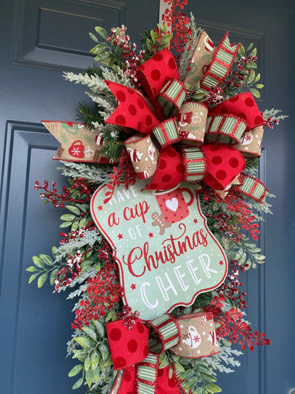 Hot Cocoa Cup Christmas Teardrop Swag Wreath for Front Door, Holiday Kitchen Wreath for Hot Cocoa Bar, Mint green and red outdoor wreath