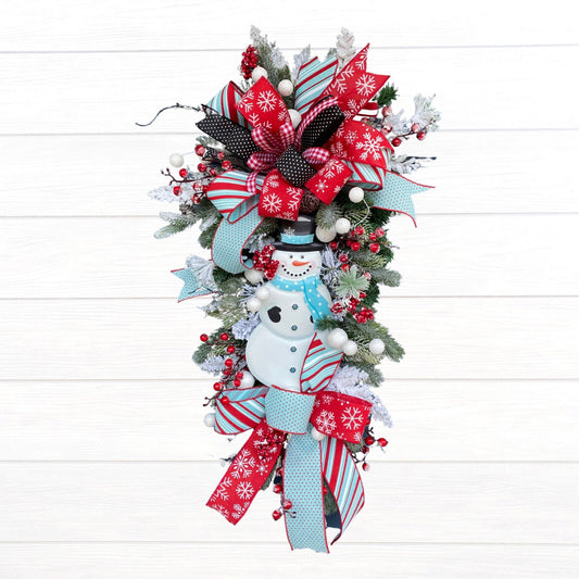 Winter Snowman Teardrop Swag Wreath for Front Door, Snowy Decor for Christmas and Winter, Frosty Decoration for front door
