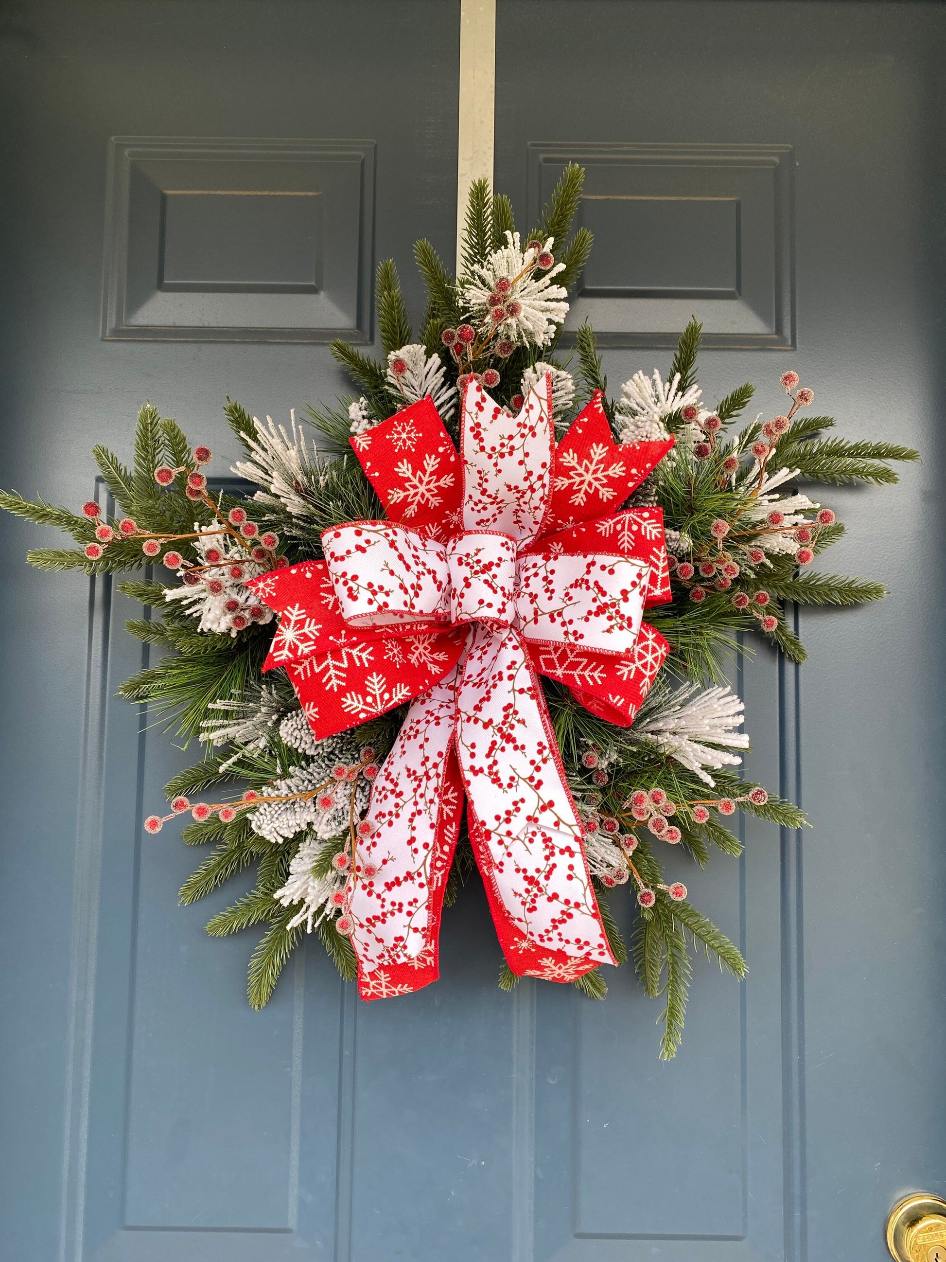 Winter Snowflake Wreath with Red Berries, Artificial Pine Snowflake Shape, Unique Christmas Wall Hanging