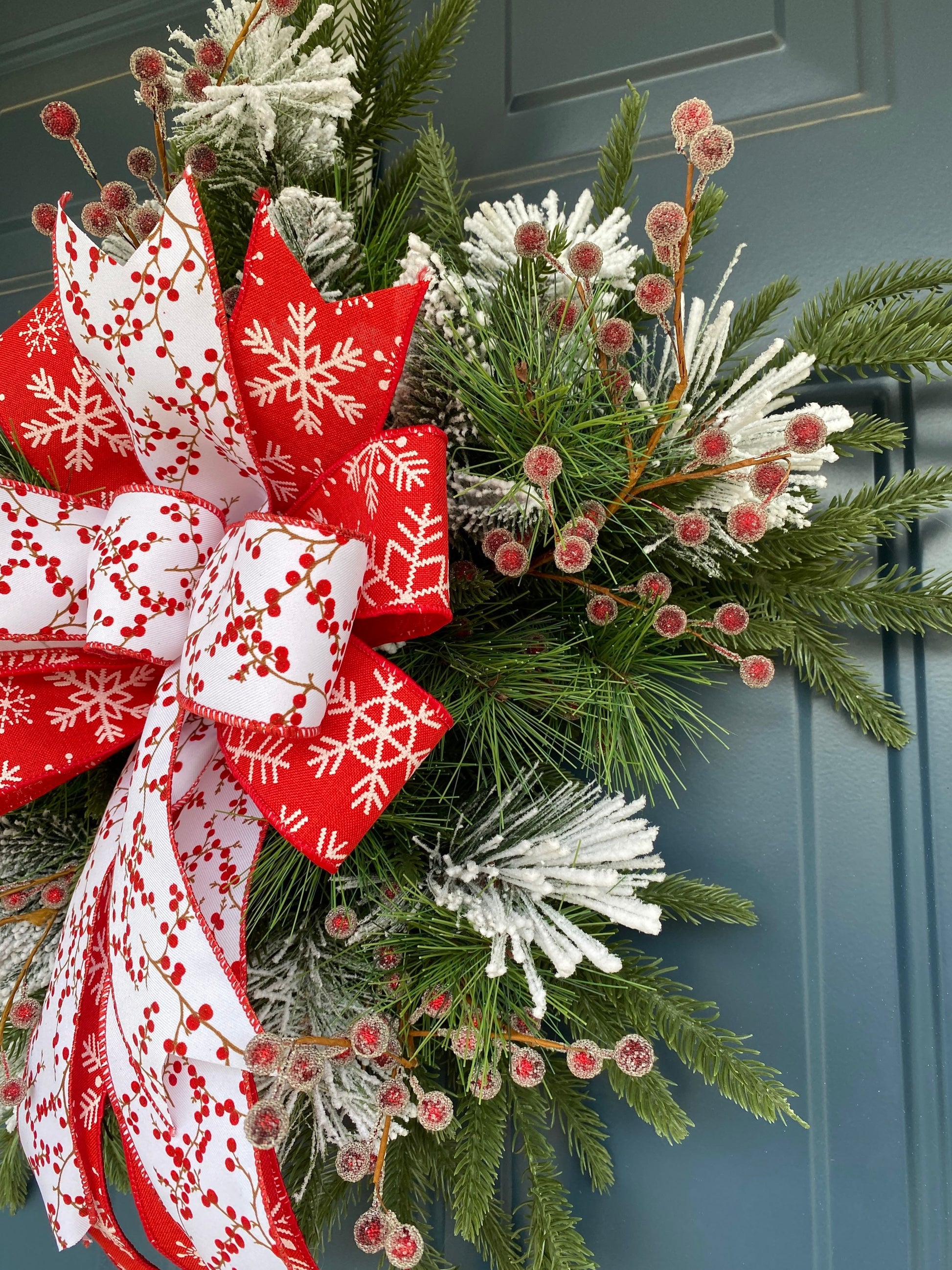 Winter Snowflake Wreath with Red Berries, Artificial Pine Snowflake Shape, Unique Christmas Wall Hanging