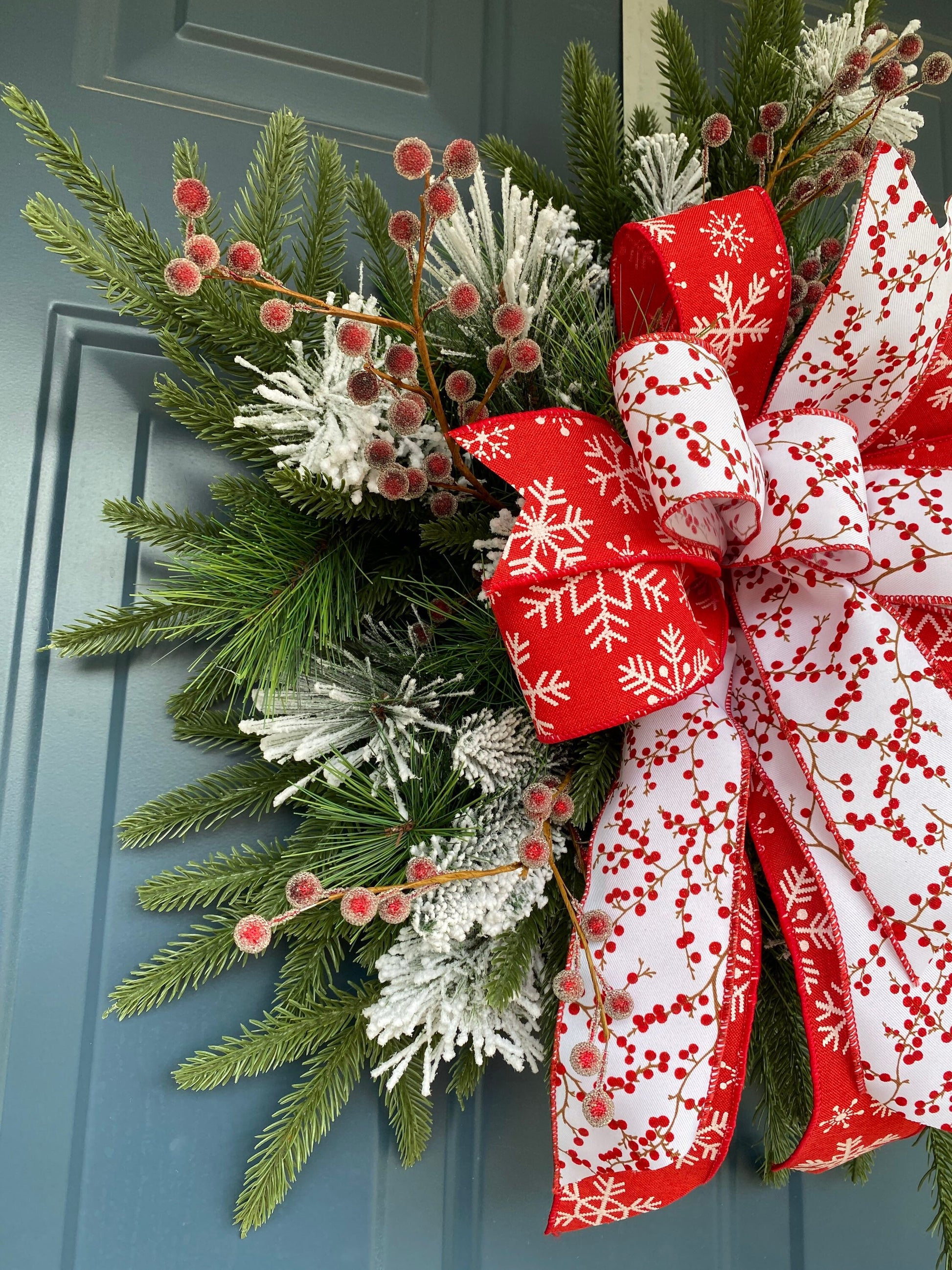 Winter Snowflake Wreath with Red Berries, Artificial Pine Snowflake Shape, Unique Christmas Wall Hanging