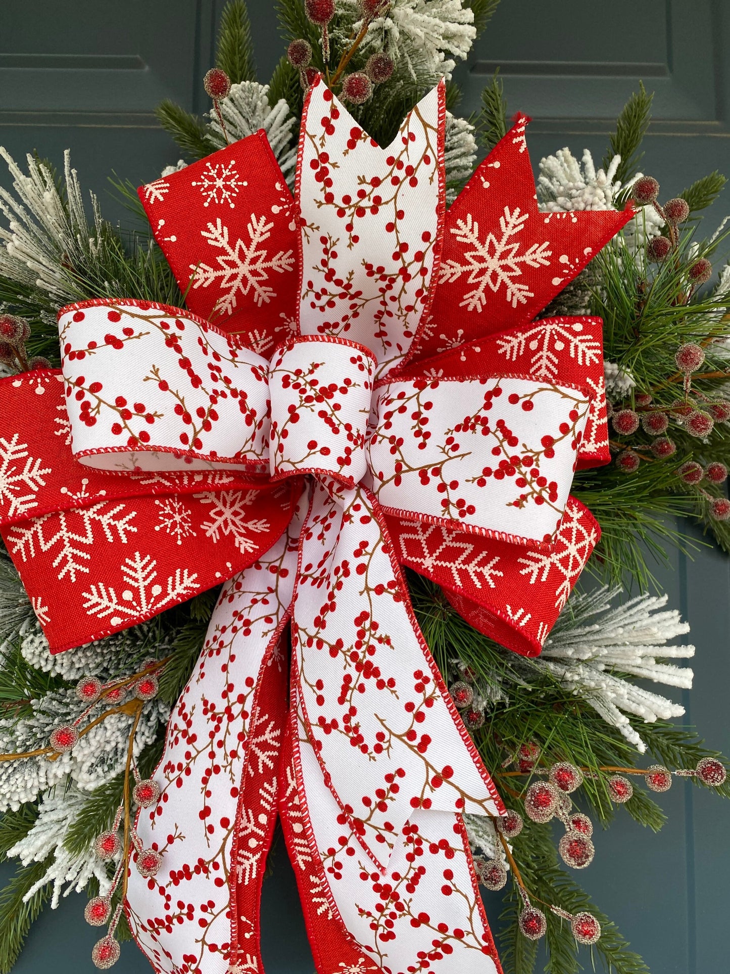 Winter Snowflake Wreath with Red Berries, Artificial Pine Snowflake Shape, Unique Christmas Wall Hanging