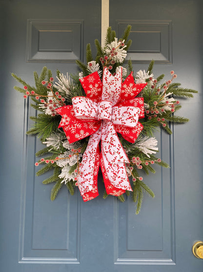 Winter Snowflake Wreath with Red Berries, Artificial Pine Snowflake Shape, Unique Christmas Wall Hanging