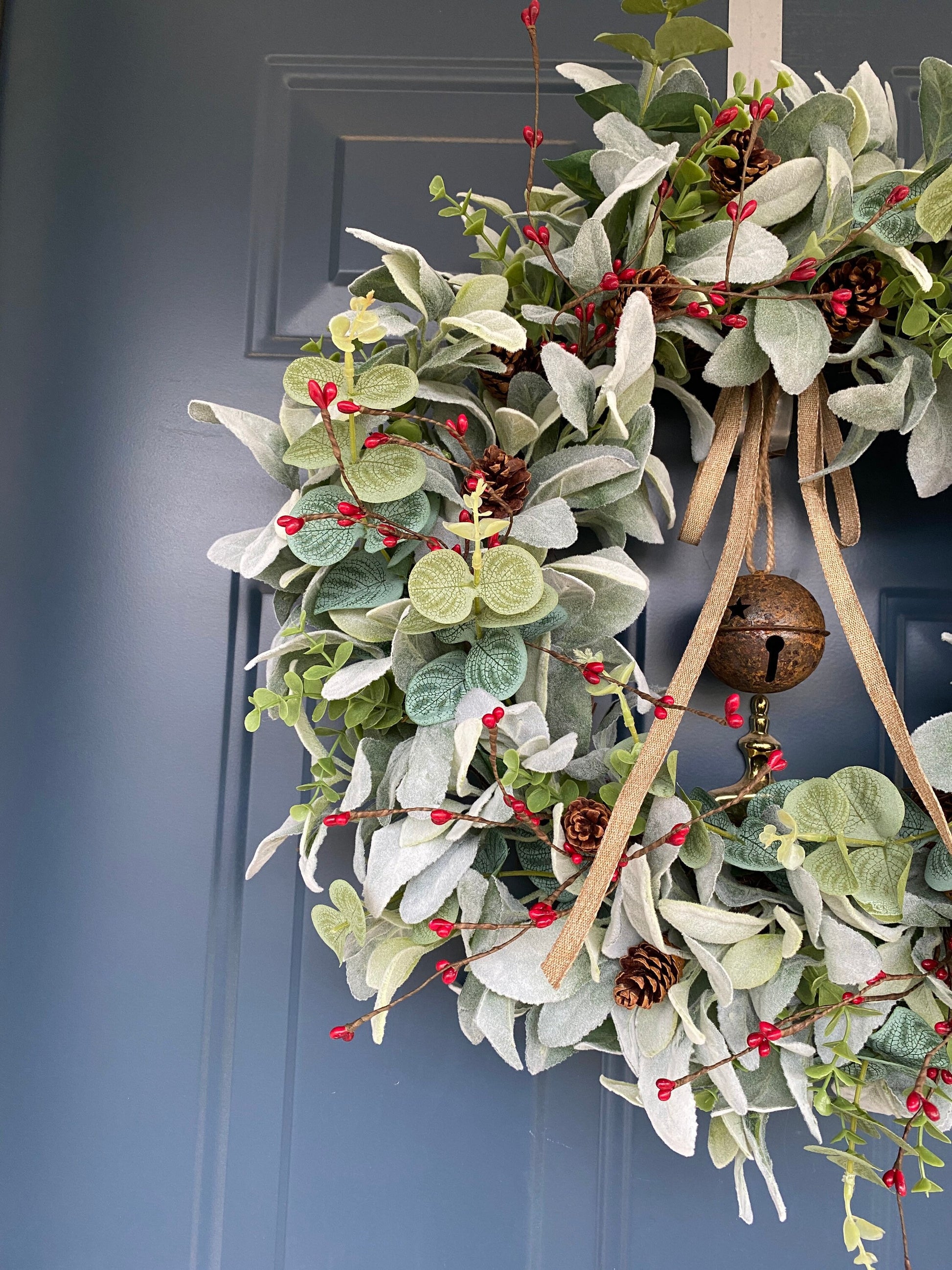 Winter Bell Door Wreath with Berries and Pine Cones, Christmas Rusty Jingle Bell Lambs Ear Eucalyptus Rustic Wreath, Minimalist Farmhouse