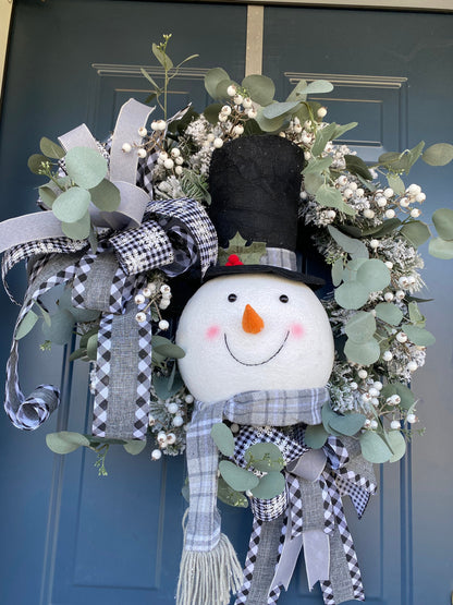 Snowman Winter Wreath for Front Door, XL Snowman Head Flocked wreath with Eucalyptus, Farmhouse Wreath for Interior, Snowy Decor