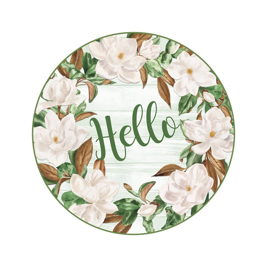Welcome Hello wreath sign with magnolias, Everyday floral metal wreath attachment, Wood look Welcome sign, signs for wreaths