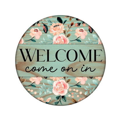 Country Floral Welcome Sign, Round wreath embellishment, Farmhouse Welcome sage green wreath attachment, Spring Summer sign