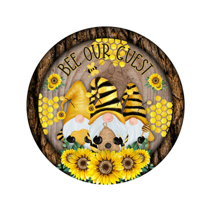 Summer gnome wreath sign, Bee our guest with sunflowers metal wreath sign, Summer bee and honey wreath attachment, Wood look Welcome sign