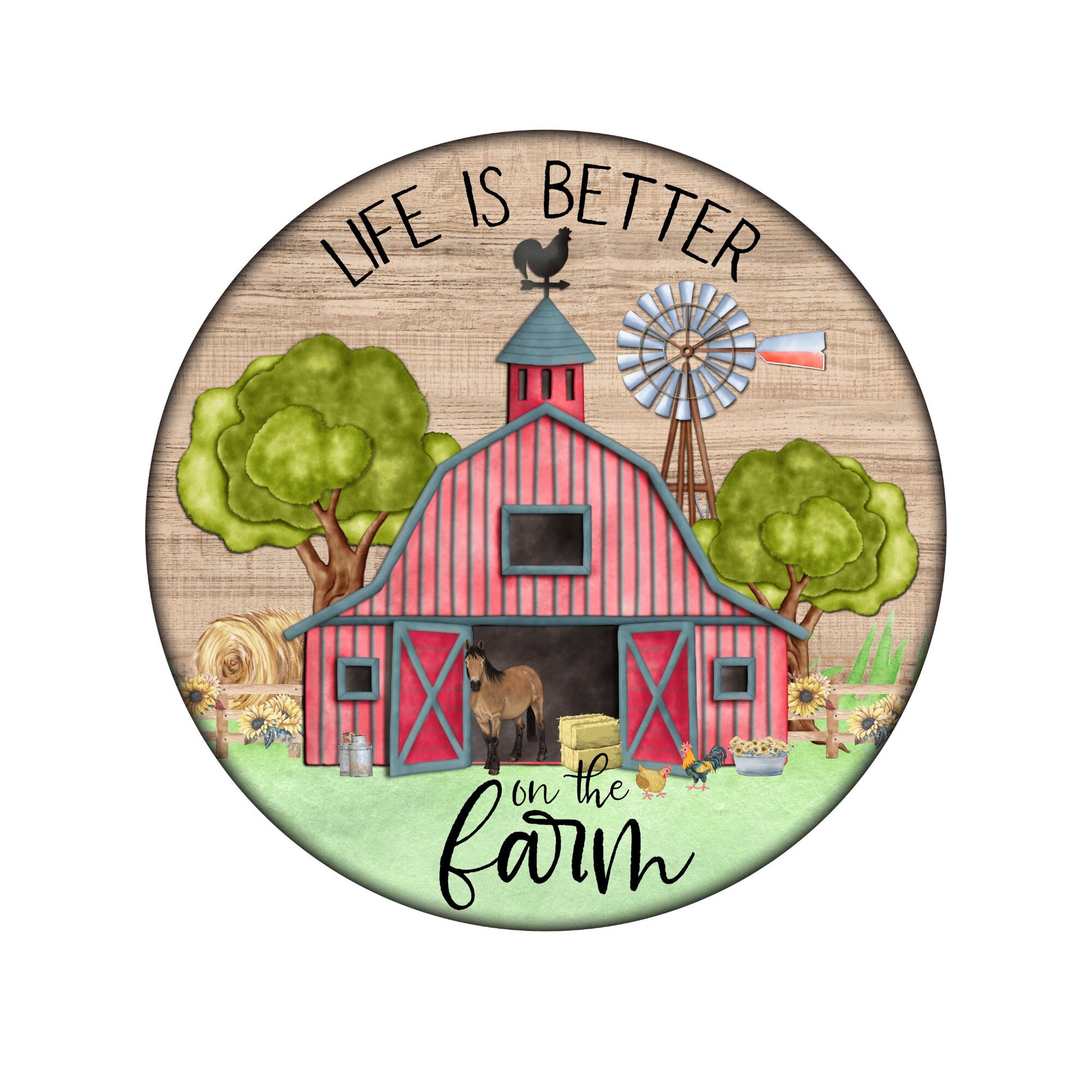 Country Barn Home Welcome Sign, Life is better on the Farm Round wreath SIgn, Farmhouse Welcome wreath attachment, Spring Summer sign