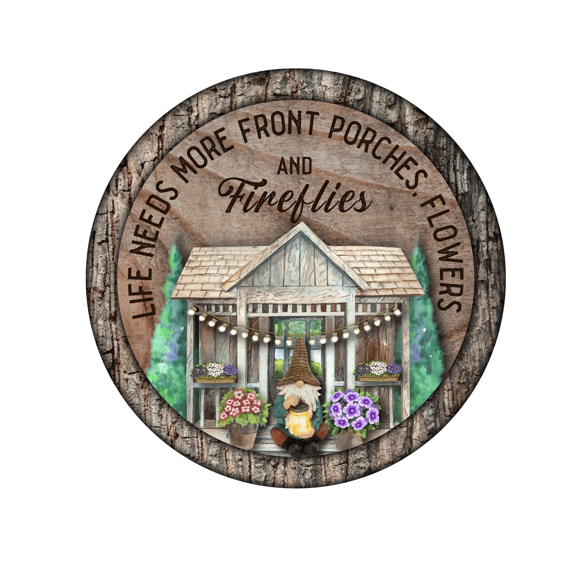 Garden Gnome Fireflies Welcome Sign, Country Porch Round wreath embellishment, Farmhouse Front Porch Flowers Firefly Welcome Sign