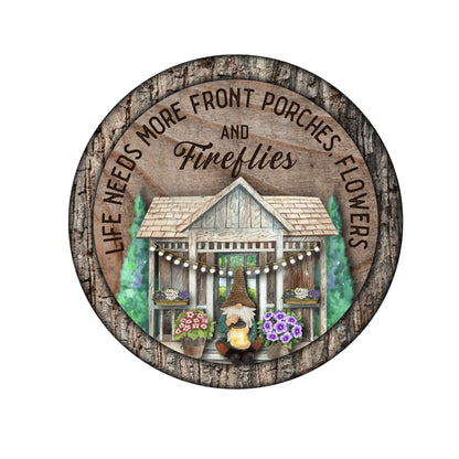 Garden Gnome Fireflies Welcome Sign, Country Porch Round wreath embellishment, Farmhouse Front Porch Flowers Firefly Welcome Sign