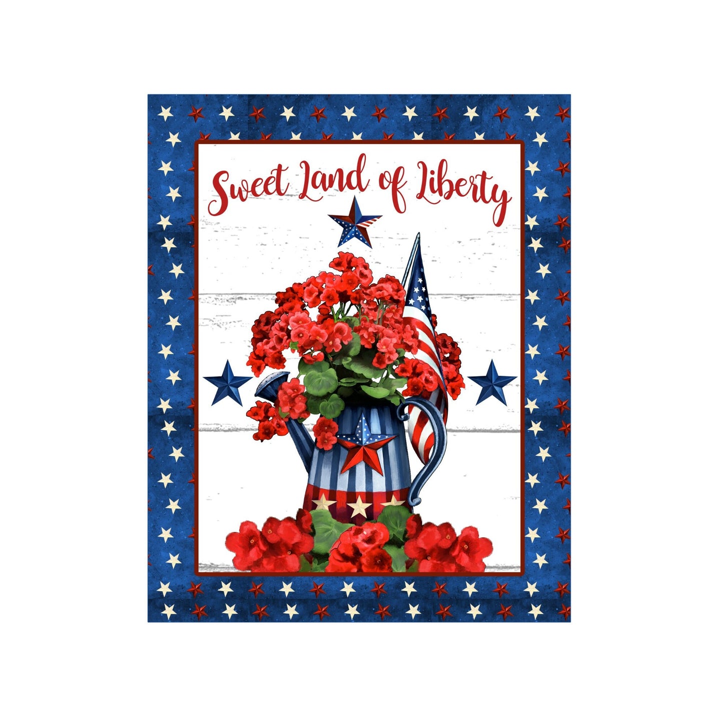 Patriotic summer floral welcome wreath sign, geranium flowers with American flag wreath attachment, sweet land of liberty wall art