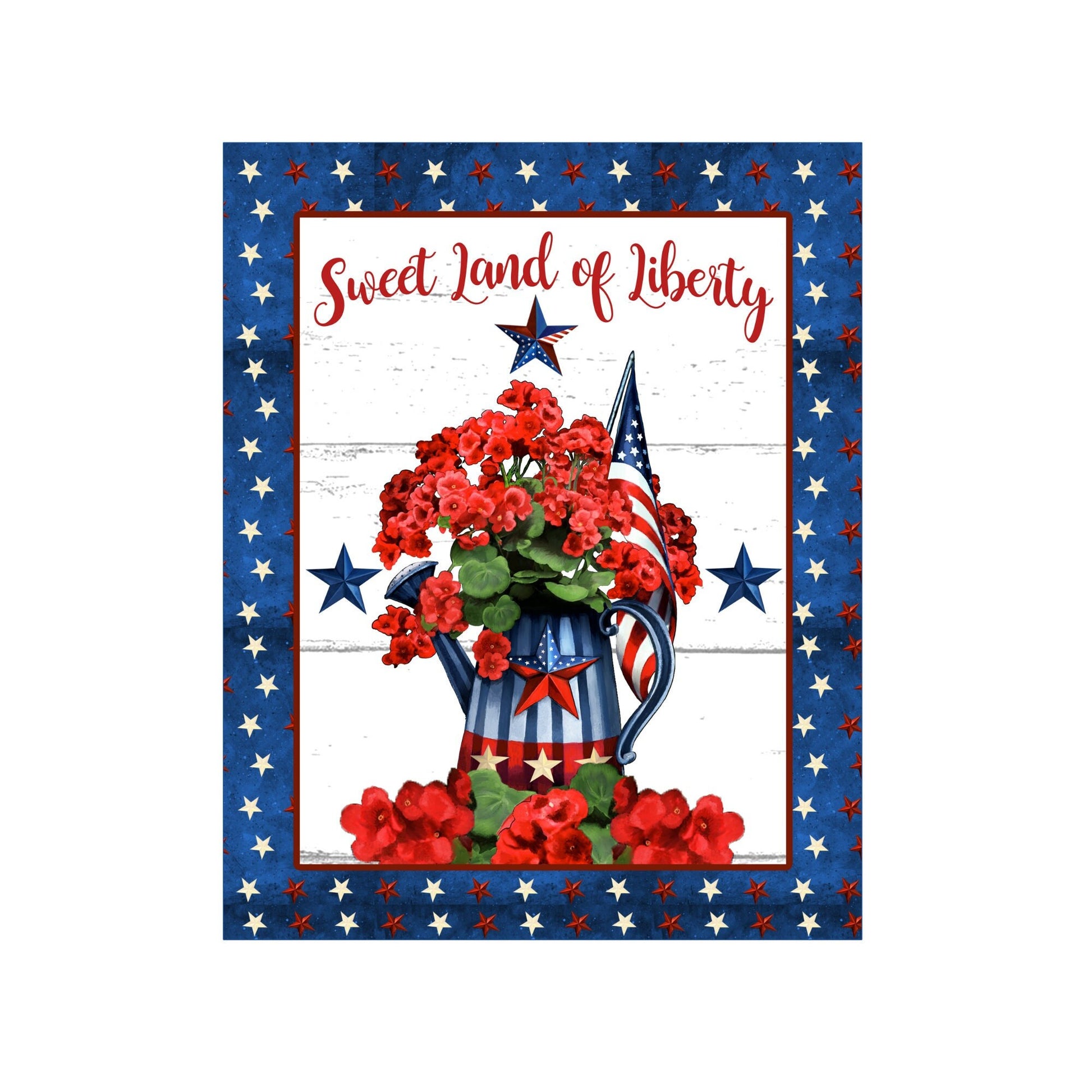 Patriotic summer floral welcome wreath sign, geranium flowers with American flag wreath attachment, sweet land of liberty wall art
