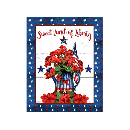Patriotic summer floral welcome wreath sign, geranium flowers with American flag wreath attachment, sweet land of liberty wall art