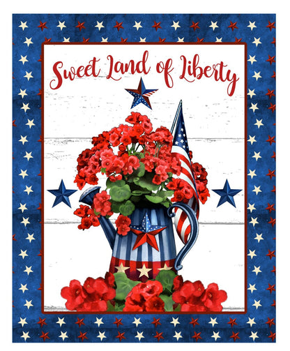 Patriotic summer floral welcome wreath sign, geranium flowers with American flag wreath attachment, sweet land of liberty wall art