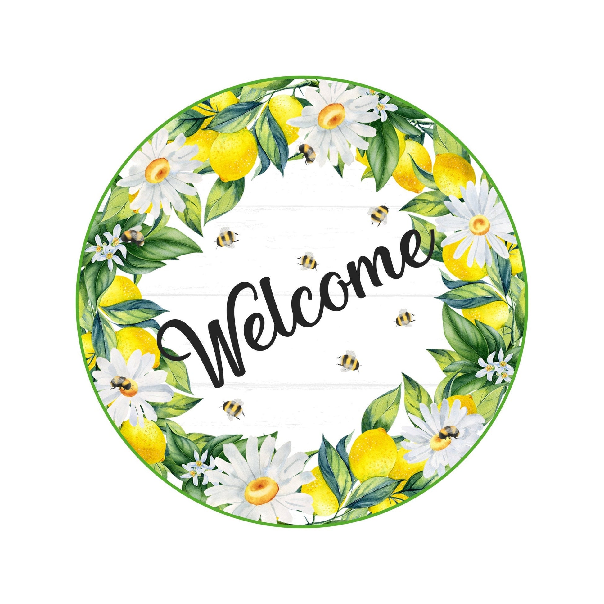 Welcome floral and lemon wreath sign, spring summer wreath attachment, daisy welcome metal sign, signs for wreaths