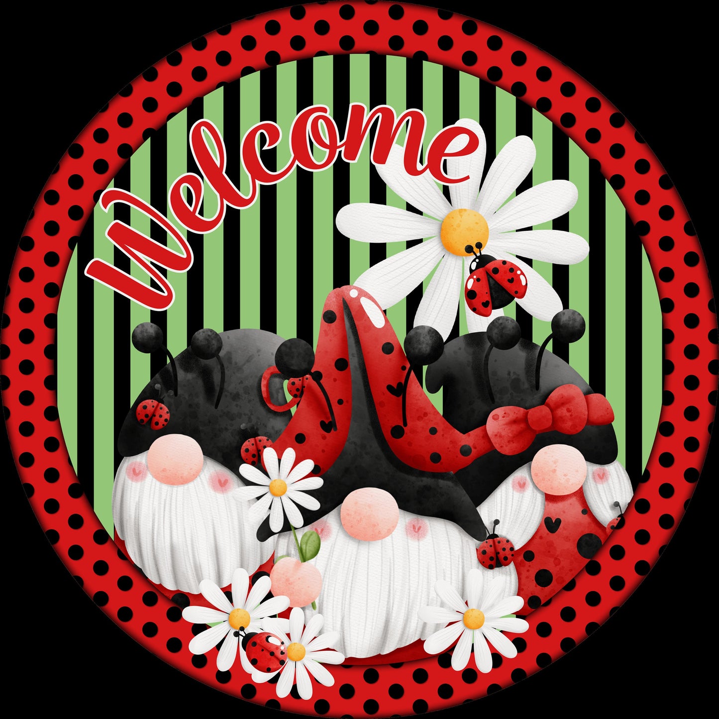Summer gnome Welcome wreath sign, Ladybugs and daisy gnome metal wreath sign, red and black wreath attachment, Gnome Welcome sign