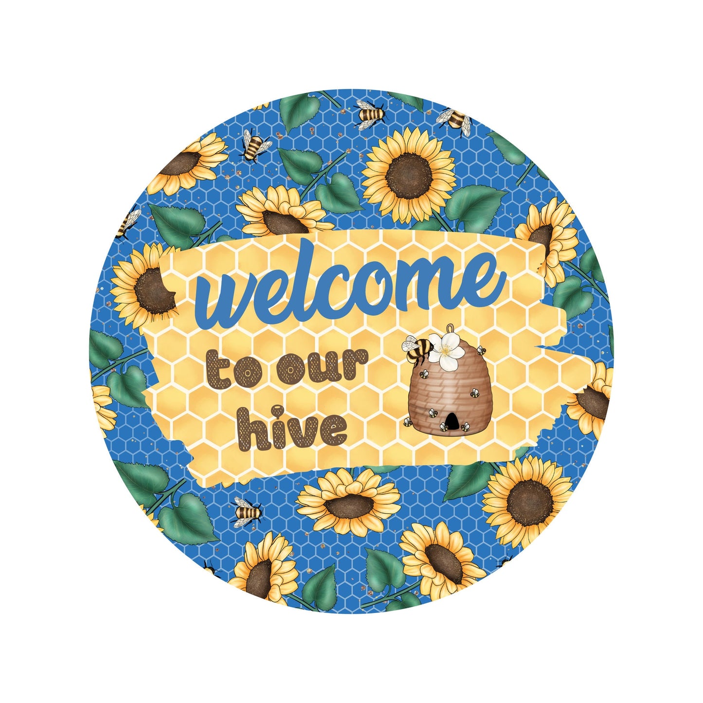 Welcome to our hive bee wreath sign, sunflower and honey bees wreath attachment, blue and yellow floral wall home decor sign