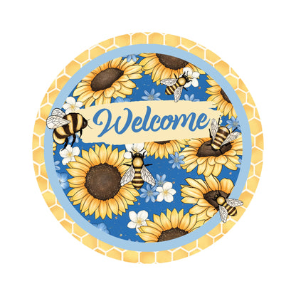Welcome bee wreath sign, sunflower and honey bees wreath attachment, blue and yellow floral wall home decor sign, signs for wreaths