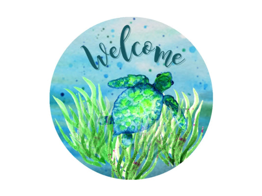 Welcome Sea Turtle Sign, Ocean Life Wreath Attachment, Beach House Decoration, Coastal Decor Sign, Aqua Blue Sea Life Welcome sign