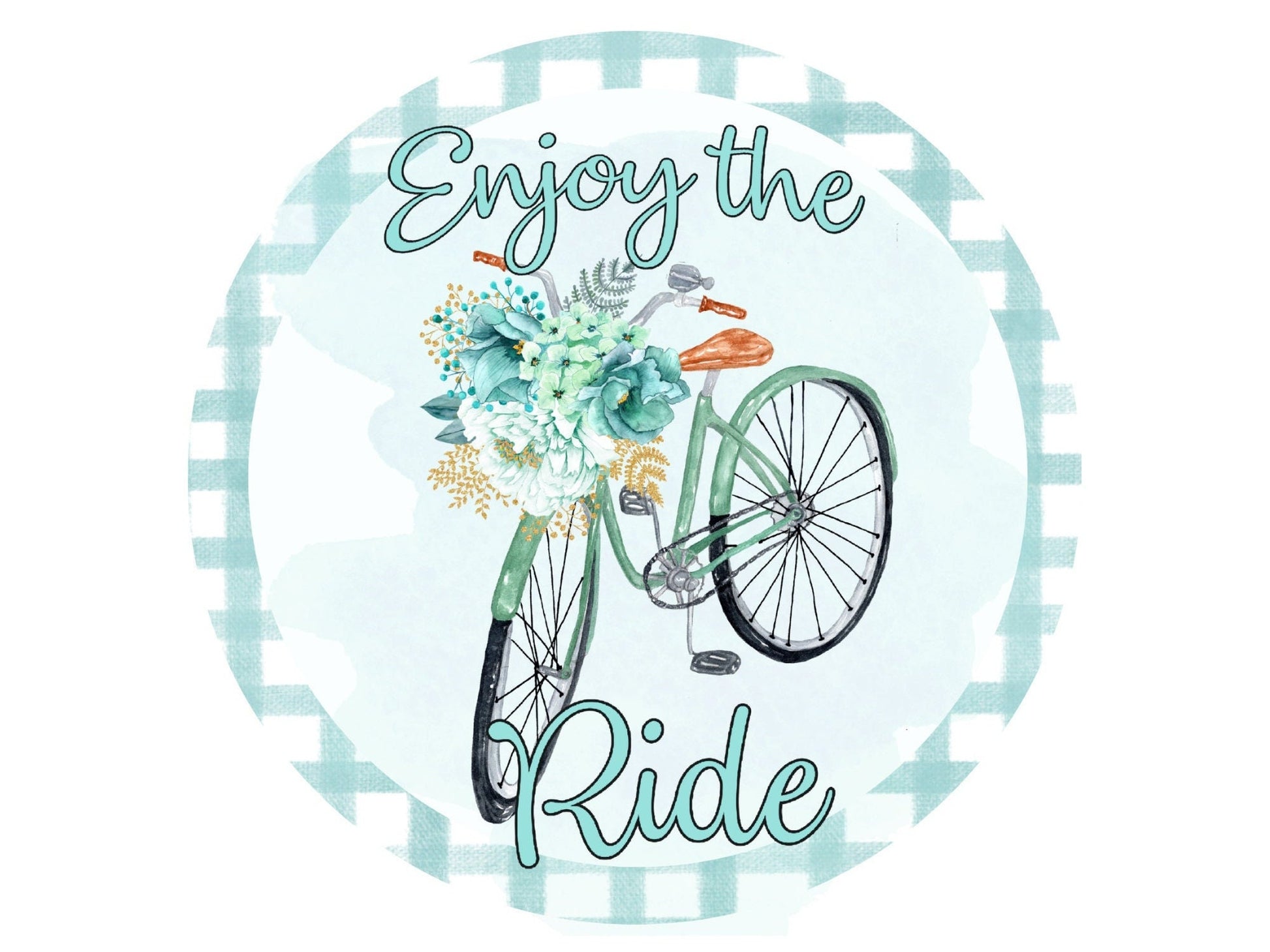 Enjoy the Ride Bicycle floral wreath sign, spring summer wreath attachment, Blue spring flowers welcome metal sign, signs for wreaths