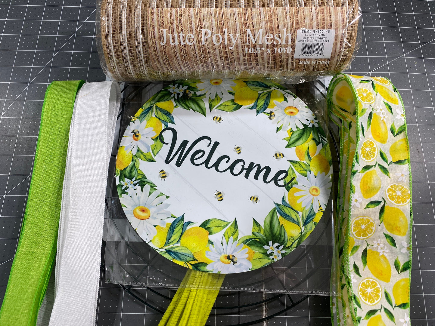 Lemon welcome wreath kit, deco mesh diy wreath kit, lemon sign & ribbon kit, make your own wreath, craft supplies for wreath and instruction