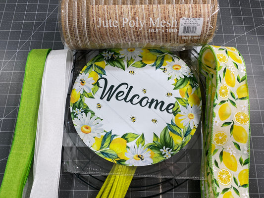 Lemon welcome wreath kit, deco mesh diy wreath kit, lemon sign & ribbon kit, make your own wreath, craft supplies for wreath and instruction