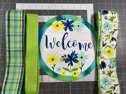Summer Floral welcome sign and ribbon kit, Blue and Yellow sign & ribbon kit, craft supplies for wreath, Wreath sign with matching ribbon