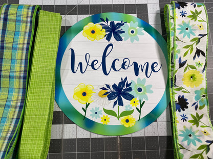 Summer Floral welcome sign and ribbon kit, Blue and Yellow sign & ribbon kit, craft supplies for wreath, Wreath sign with matching ribbon