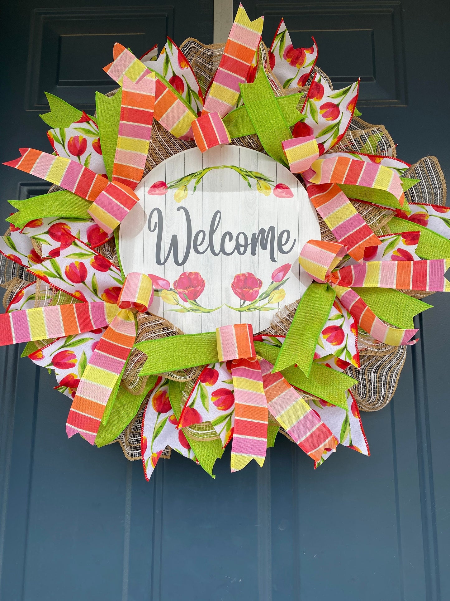 Slim Spring Tulip Wreath for Front Door, Spring Welcome Wreath, coral pink Spring Decoration, low profile wreath for behind storm door