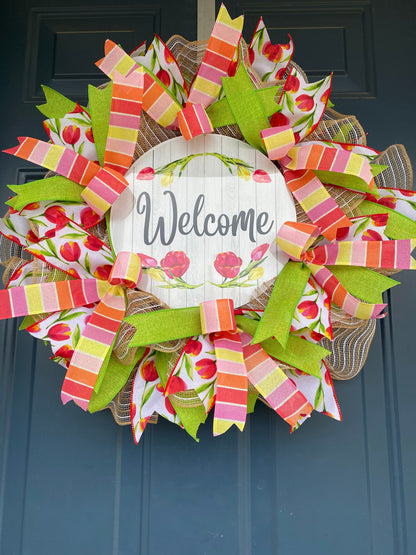 Slim Spring Tulip Wreath for Front Door, Spring Welcome Wreath, coral pink Spring Decoration, low profile wreath for behind storm door