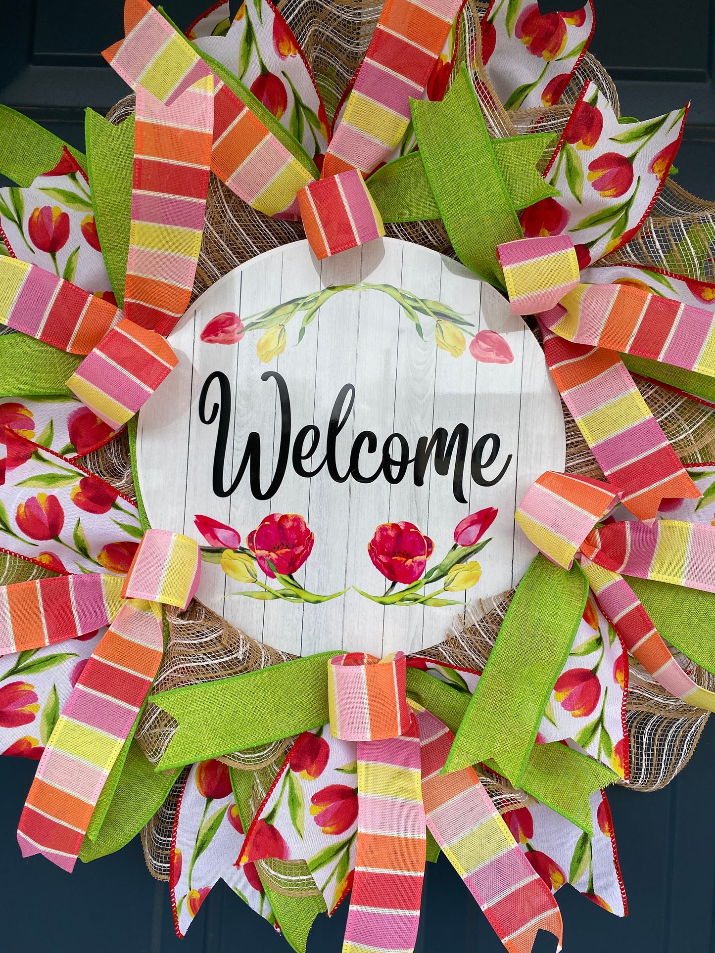 Slim Spring Tulip Wreath for Front Door, Spring Welcome Wreath, coral pink Spring Decoration, low profile wreath for behind storm door