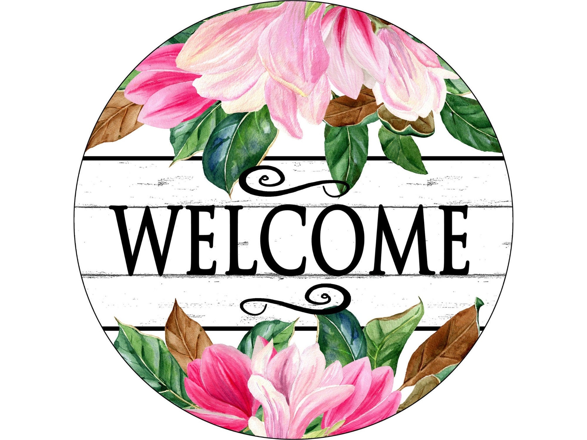 Welcome wreath sign with pink magnolias, Pink Magnolia Sign, Everyday floral metal wreath attachment, Wood look Welcome sign, wreath sign