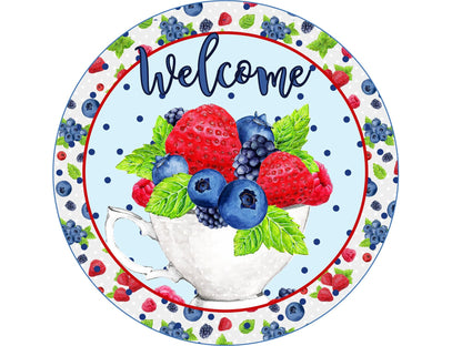 Summer berries in a teacup wreath sign, spring summer patriotic color wreath attachment, berry fruit welcome metal sign, signs for wreaths