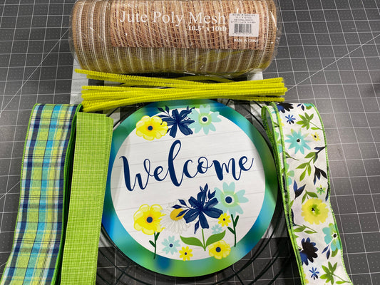 Summer Floral welcome wreath kit, mesh diy wreath kit, Blue and Yellow sign & ribbon kit, make your own wreath, craft supplies for wreath