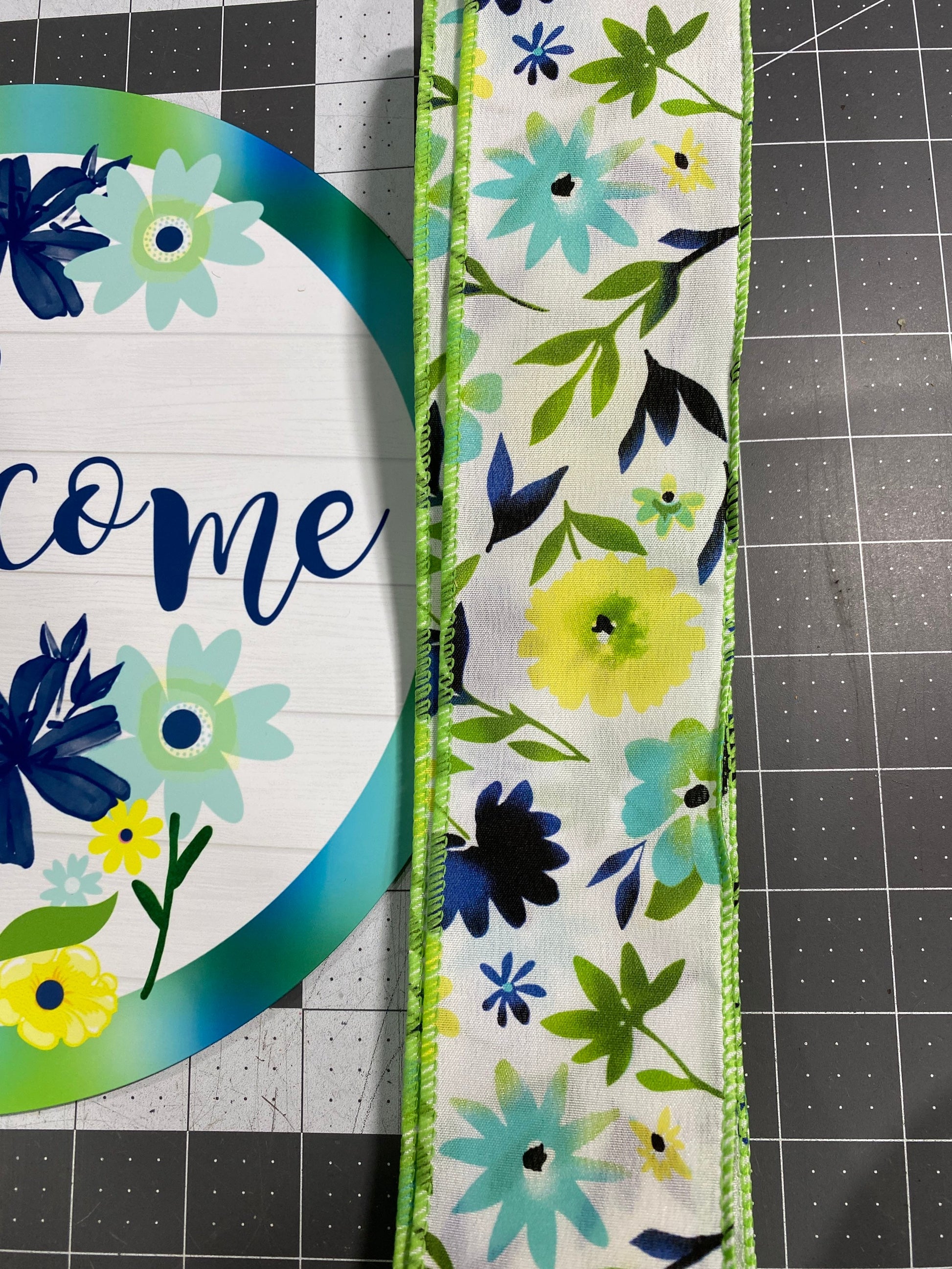 Summer Floral welcome sign and ribbon kit, Blue and Yellow sign & ribbon kit, craft supplies for wreath, Wreath sign with matching ribbon