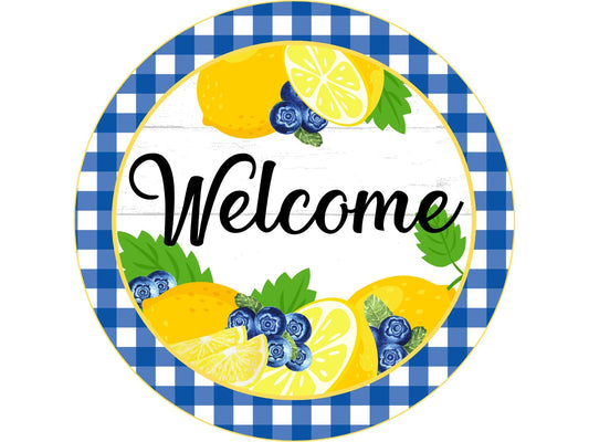 Summer Lemon and Blueberry Welcome Wreath Sign, Lemon Kitchen sign, lemon wreath center, wreath attachment, tiered tray lemon decor