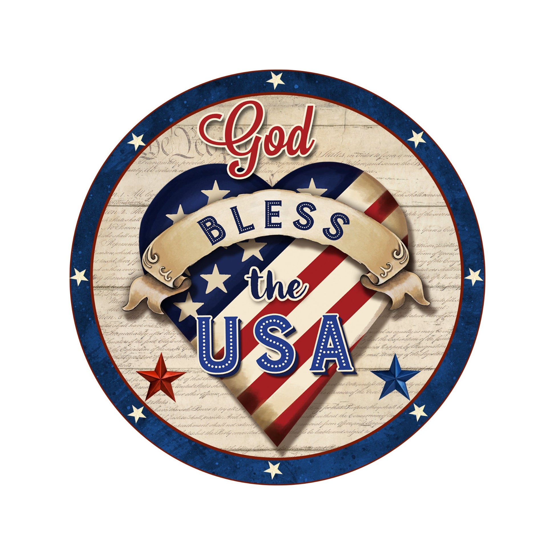 God Bless the USA Patriotic Wreath Sign, American Flag Heart wreath sign, Rustic Primitive Stars and Stripes wreath attachment